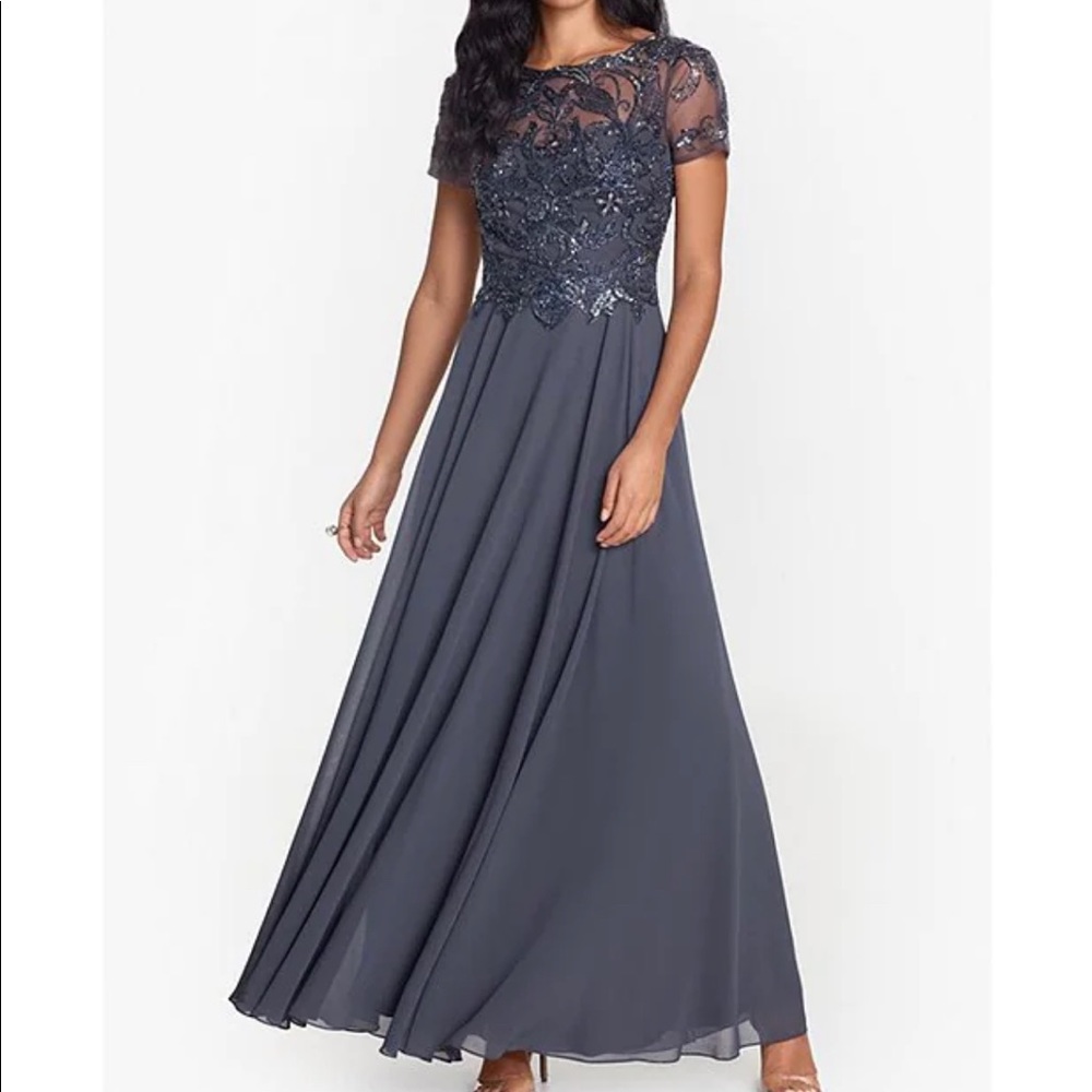 Xscape Beaded Bodice Jewel Neck Chiffon Ball Gown